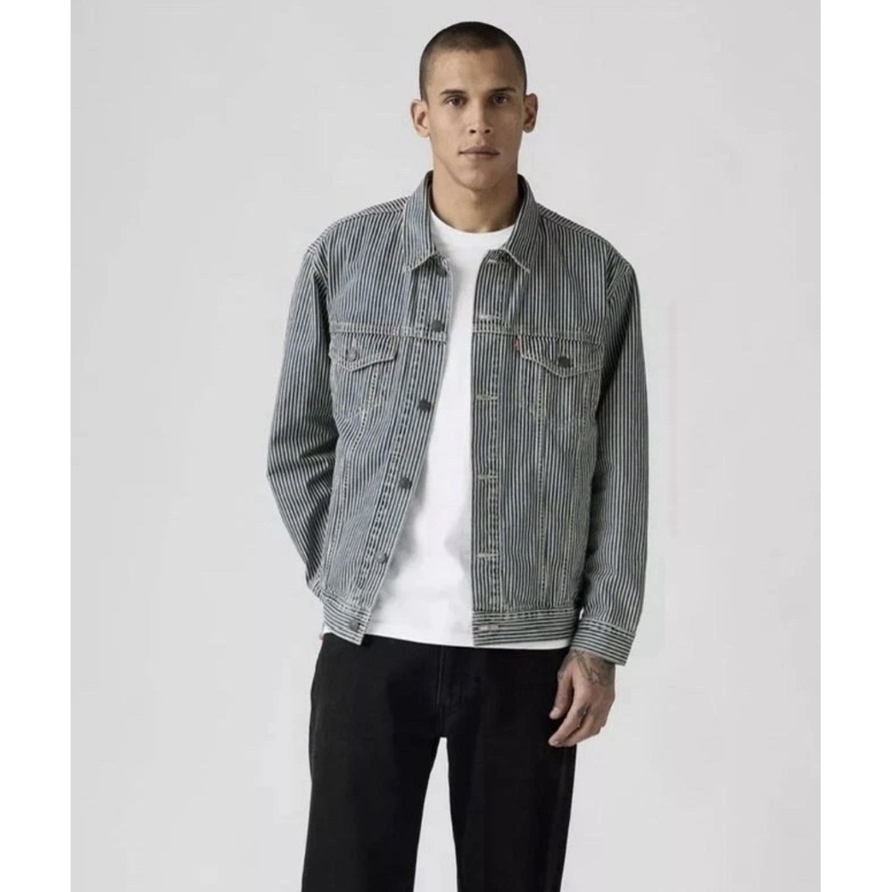 NEW Levi's Premium Relaxed Railroad Blue BIG E Pinstripe Trucker Jacket Mens L